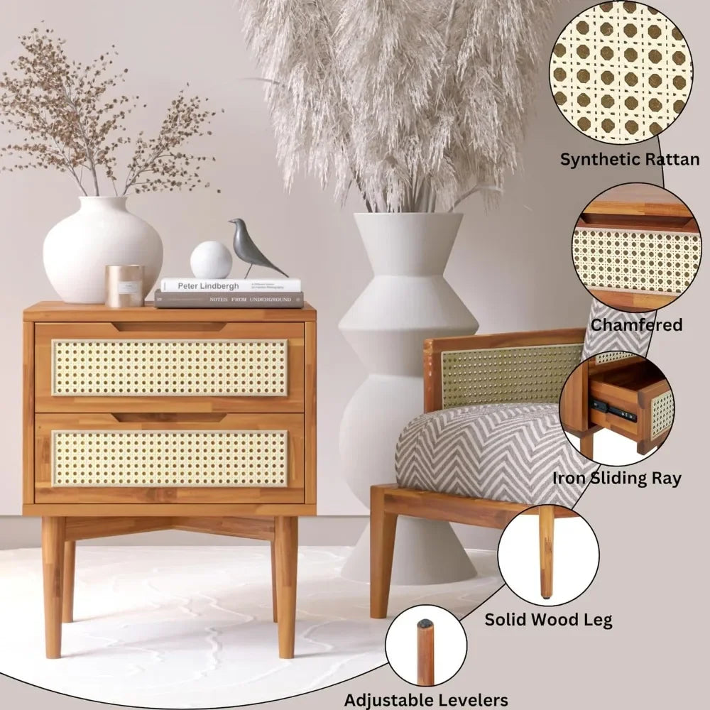 Bedside Table - Nightstand -  End Table - Wooden Rattan - Oliver Collection