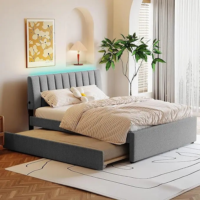 Platform Bed Frame - Queen Size - Teddy Fleece Upholstery