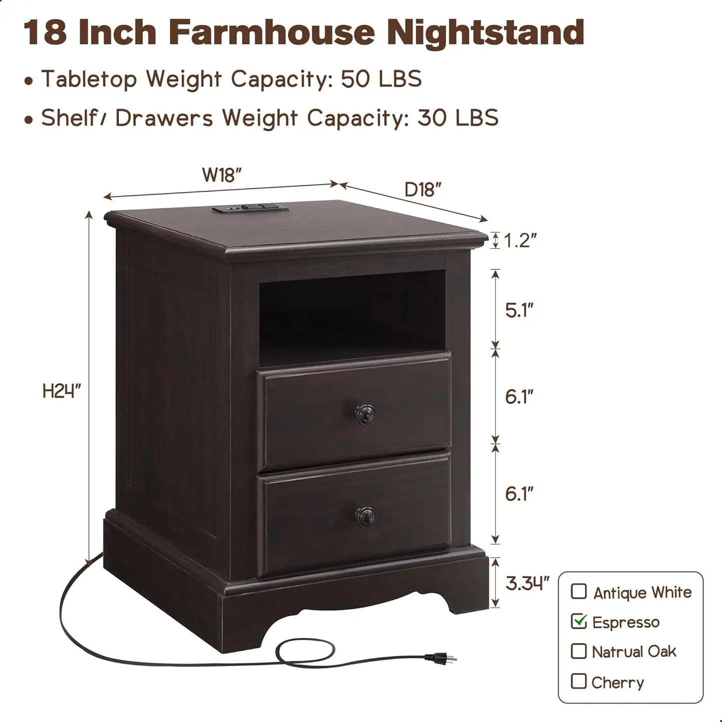 Nightstand - End Table - Bedside Table - USB Ports, Charging Station