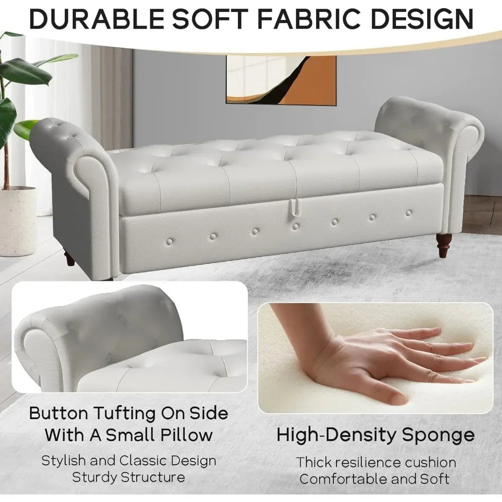 Ottoman Storage Bench, Rolled Arms, Tufted