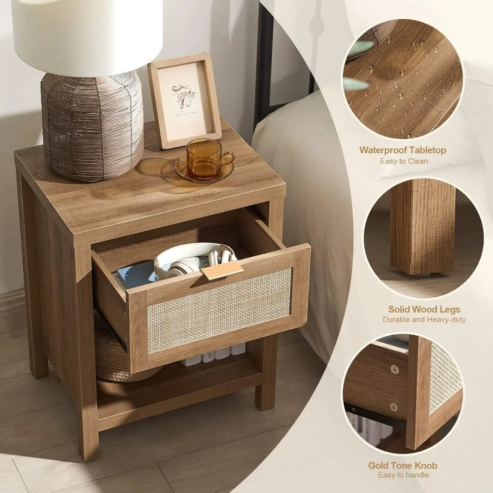 Nightstand Set *2Pcs - Boho Faux Rattan Drawers - Bedside, End Table