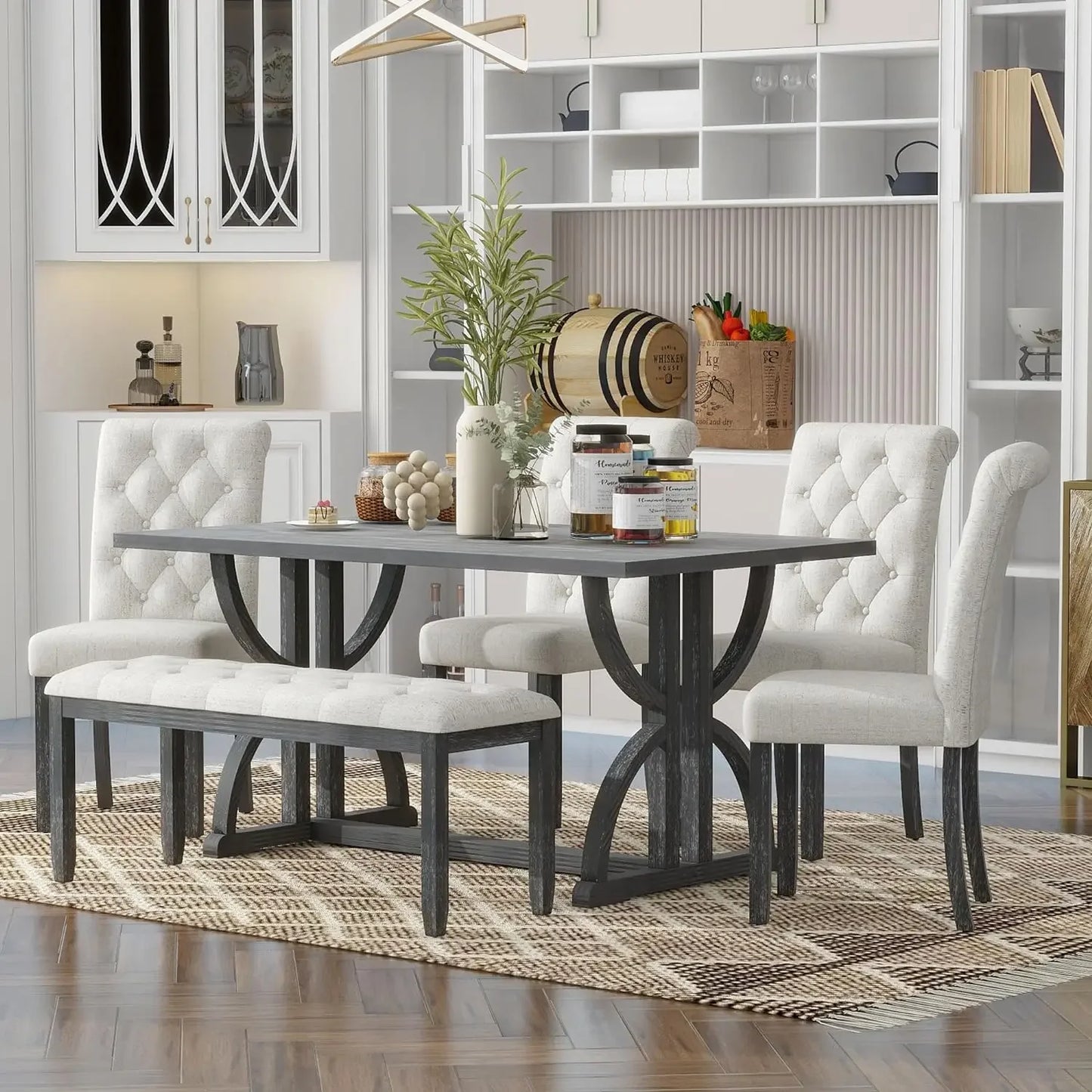 6 Pieces Wood Dining Table Set with Bench, Retro Rectangular Table with Unique Legs and 4 Upholstered Chairs & 1 Bench