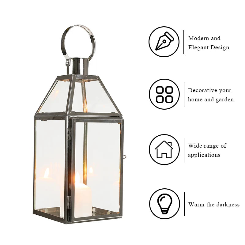 Candle Holder Lantern - Stainless Steel & Glass