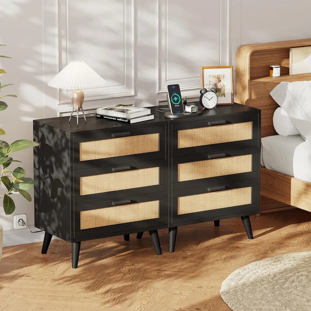 Nightstand Set - End Table Set - *2Pcs - Charging & USB Ports - Woven Rattan