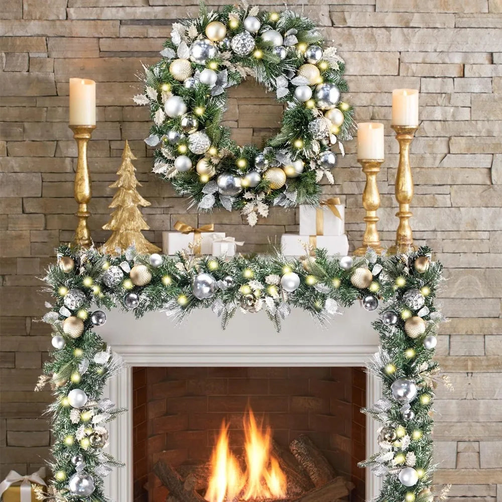 Christmas Wreath - 30" - Pre-Lit 50 LED Lights - Silver & Gold Ornaments