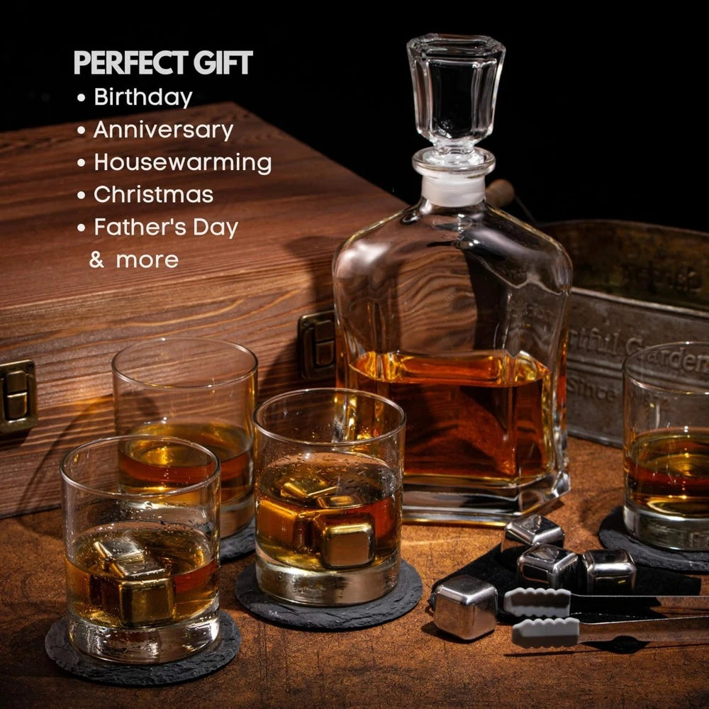 Whiskey Decanter Bar Set - Wooden Gift Box wChilling Stones, Glasses & Coasters