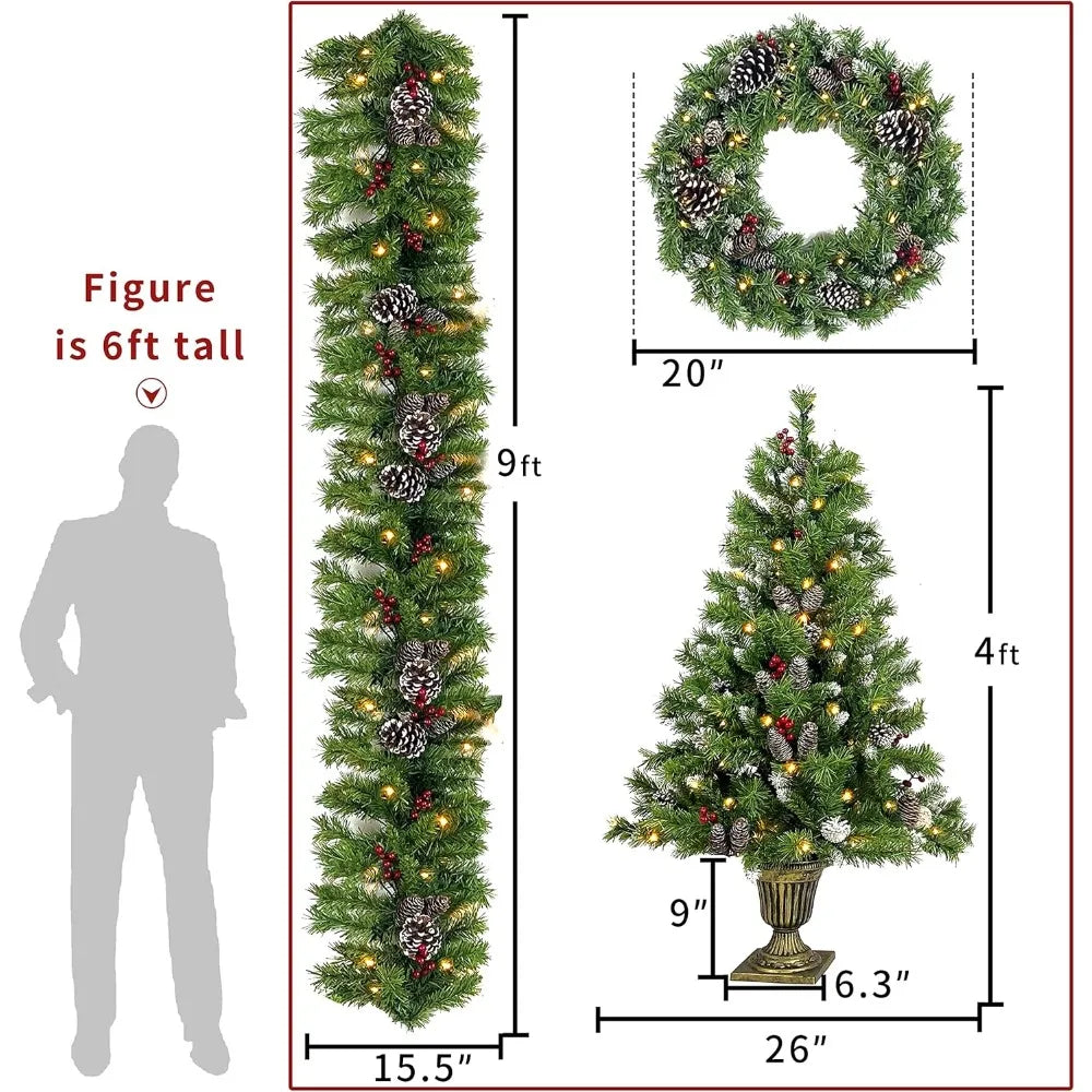 Christmas Decoration Set *4Pcs - Entrance Trees (2), Garland, Wreath - Pre-Lit