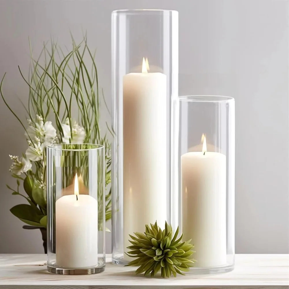 White Pillar Candle Set *12Pcs - Hurricane Glass Candle Holders