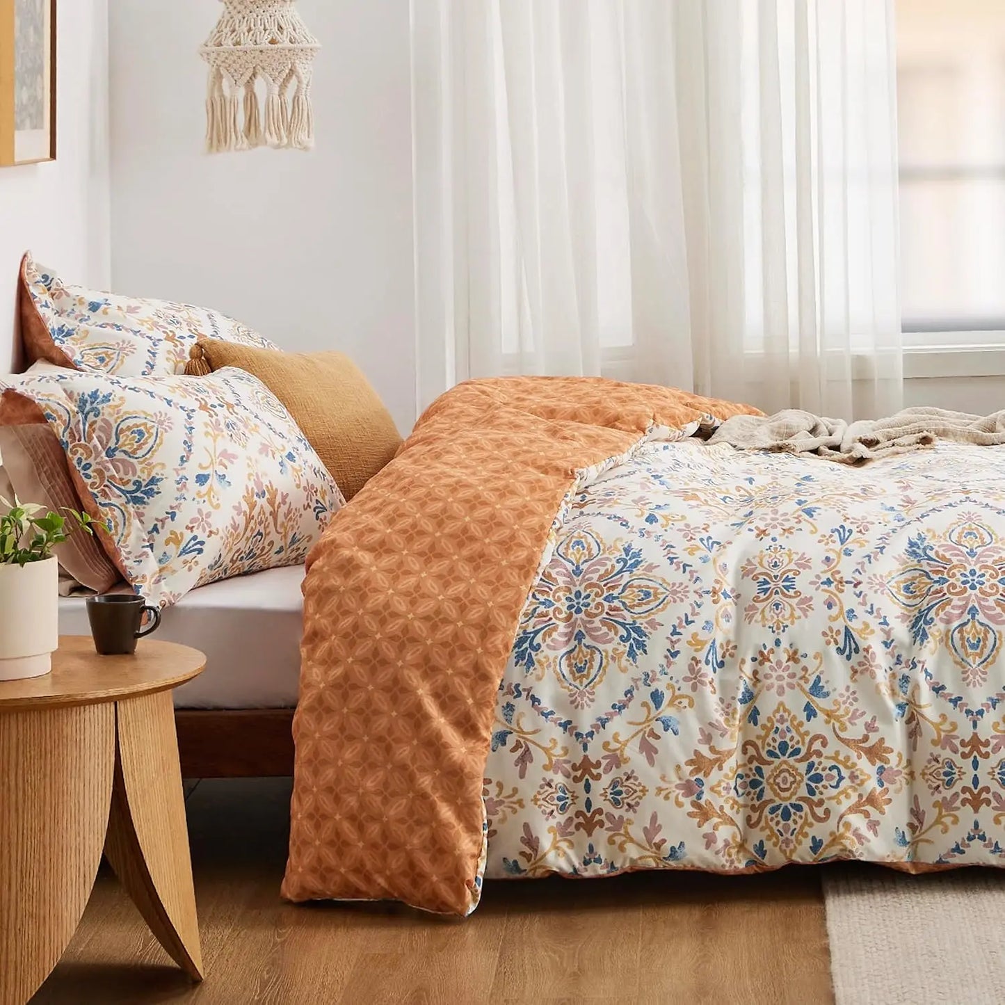 Duvet Cover Set *3Pcs - Bedsure Bohemian Orange - Damask Pattern