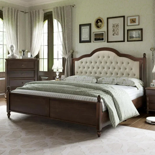 Transitional Platform Bed Frame - Solid Wood - Fabric Tufted Headboard - King Size