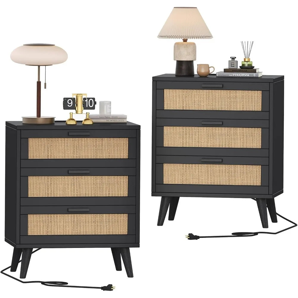 Nightstand Set - End Table Set - *2Pcs - Charging & USB Ports - Woven Rattan