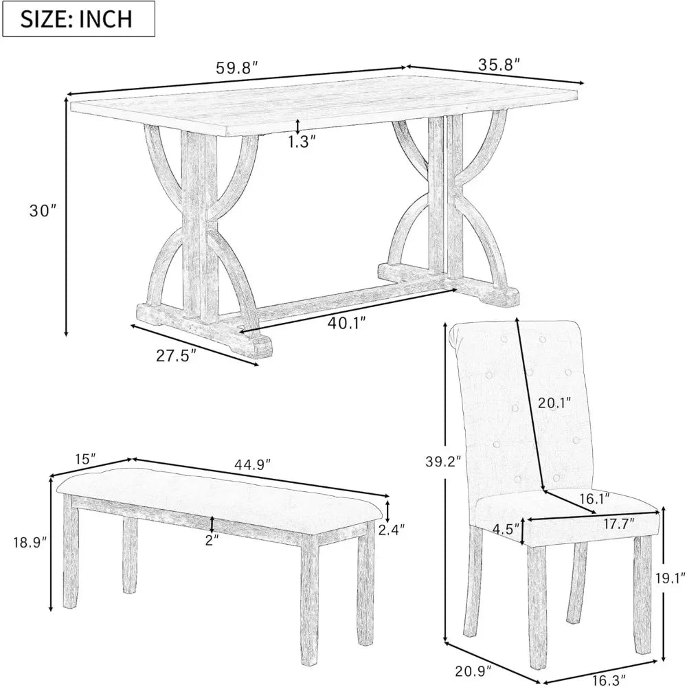 6 Pieces Wood Dining Table Set with Bench, Retro Rectangular Table with Unique Legs and 4 Upholstered Chairs & 1 Bench