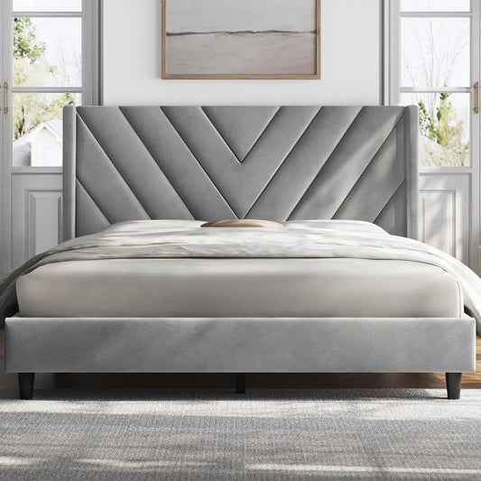 Bed Frame Queen Size - Velvet Upholstery Platform Bed - Geometric Design