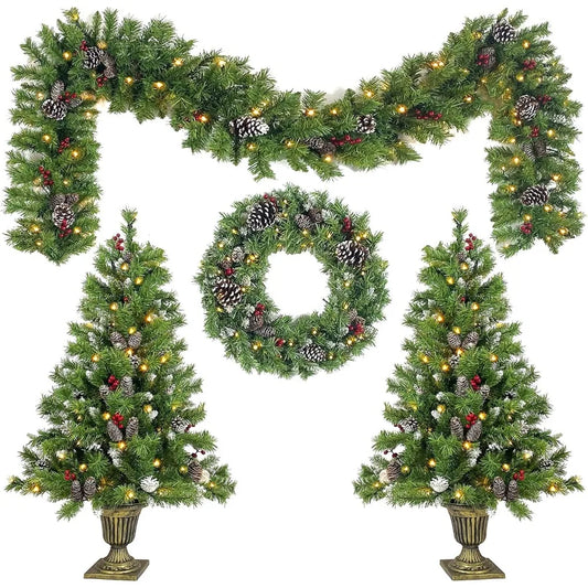 Christmas Decoration Set *4Pcs - Entrance Trees (2), Garland, Wreath - Pre-Lit