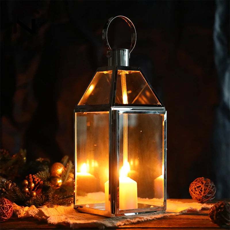 Candle Holder Lantern - Stainless Steel & Glass