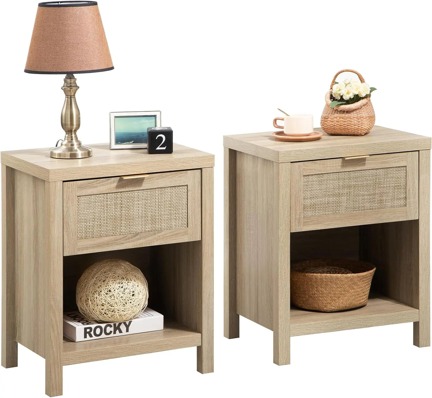 Nightstand Set *2Pcs - Boho Faux Rattan Drawers - Bedside, End Table