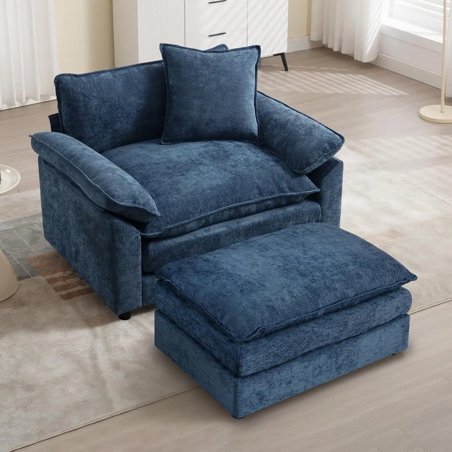 Chaise Lounge Chair w/Ottoman - Oversized - Chenille Upholstery