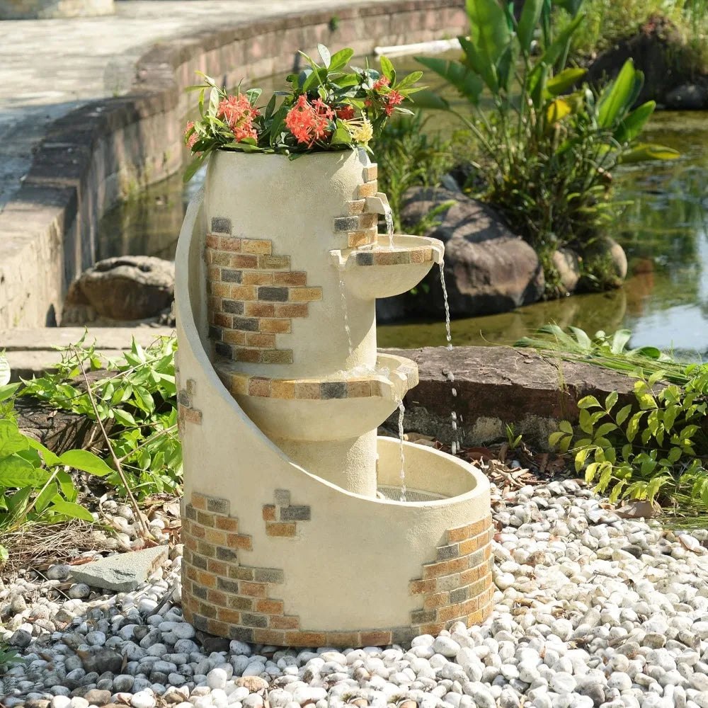 Outdoor Water Fountain with Planter & LED Lights