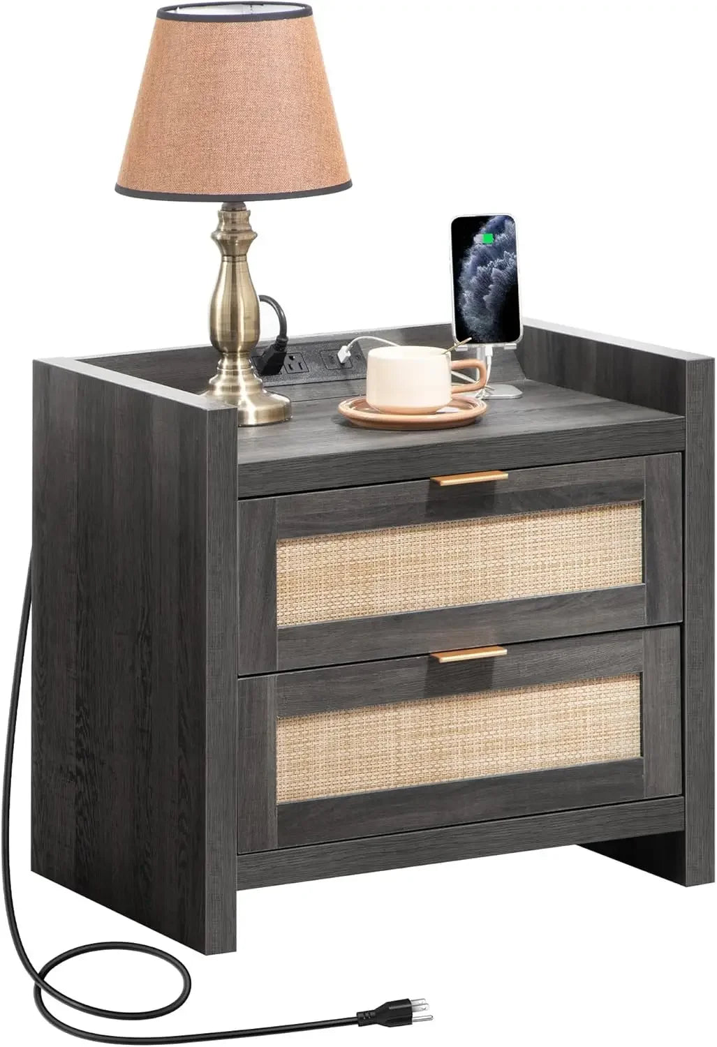 Nightstands - Imitation Rattan Drawers *2 - USB Ports Type AC Charging Station