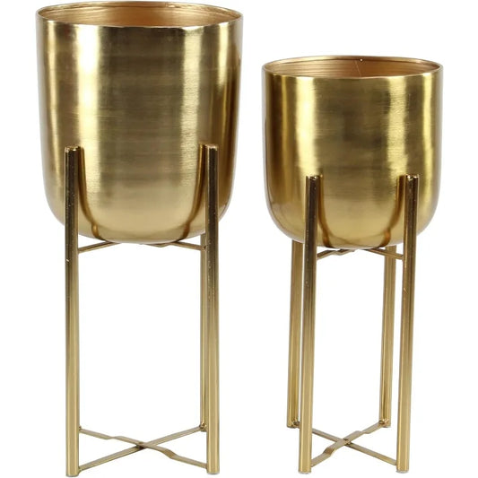 Metal Plant Stands & Pots - Indoor Outdoor - Gold Finish - 19" & 22" Height