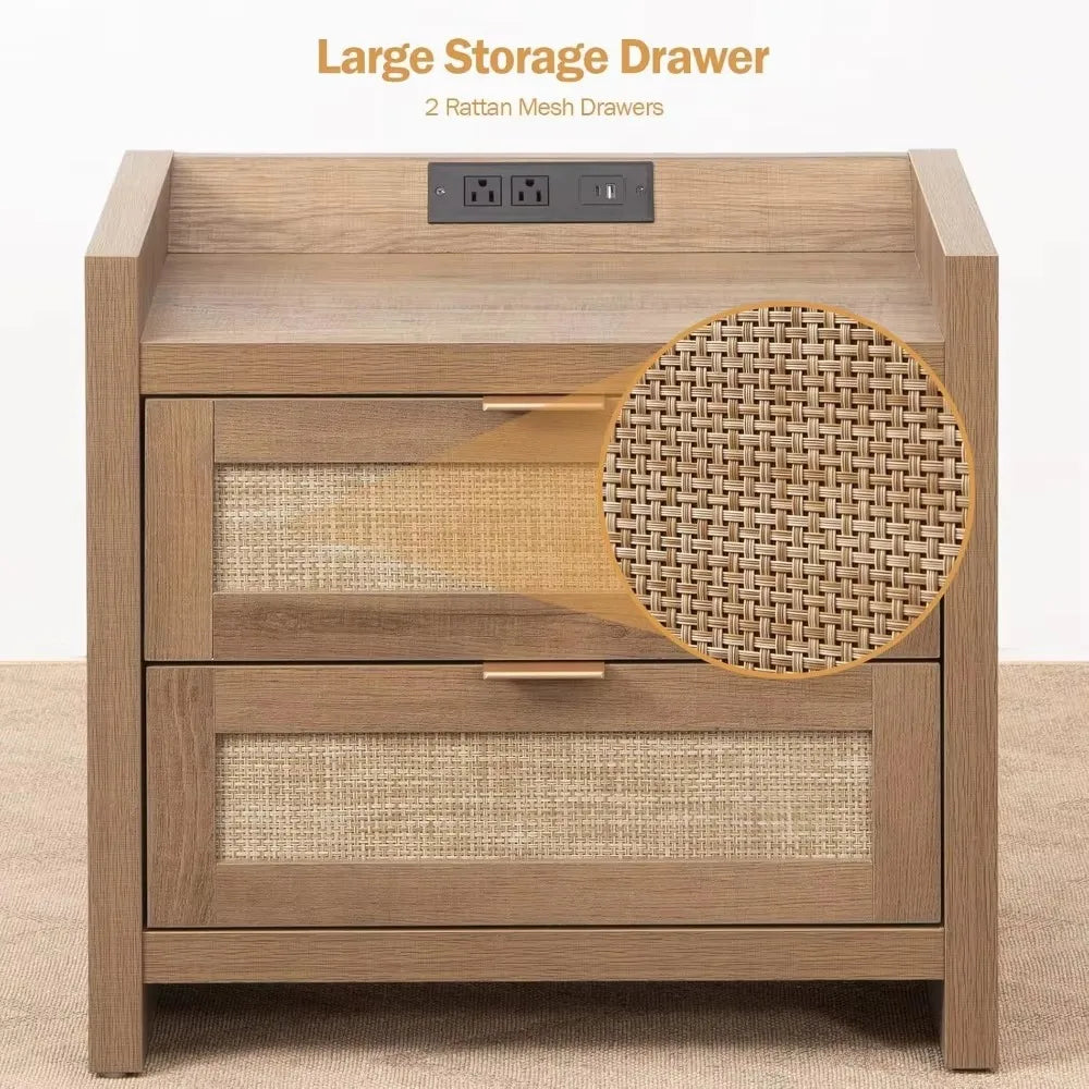 Nightstands - Imitation Rattan Drawers *2 - USB Ports Type AC Charging Station