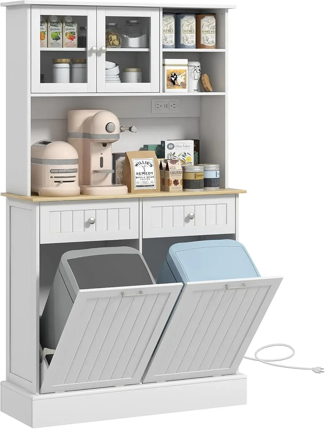 Kitchen Pantry Cabinet - Trash Bin Containers - Adjustable Shelves - Multi Use