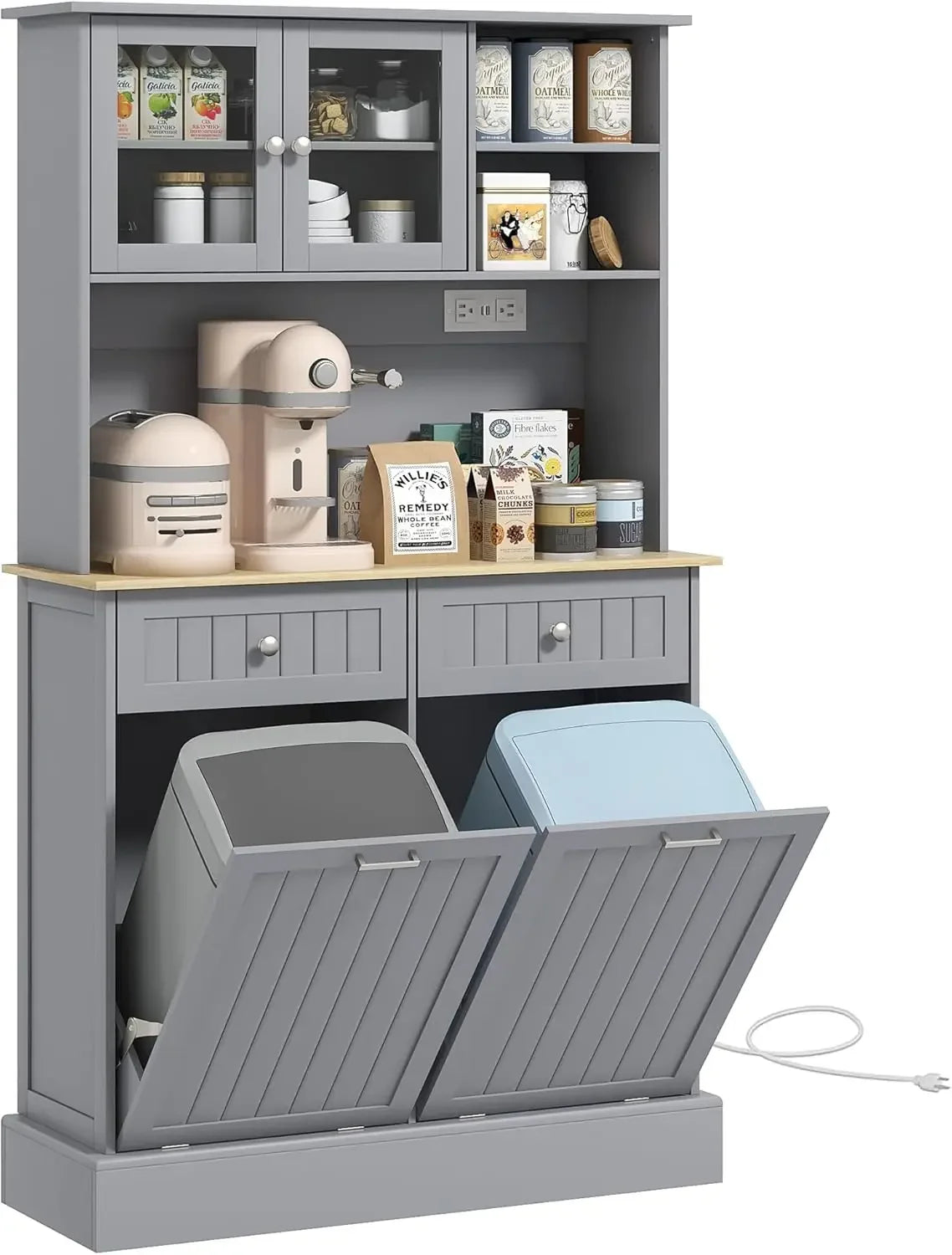 Kitchen Pantry Cabinet - Trash Bin Containers - Adjustable Shelves - Multi Use