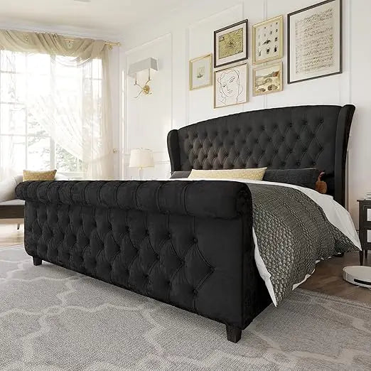 Platform Sleigh Bed Frame - Scroll Wingback Headboard - Velvet Upholstery