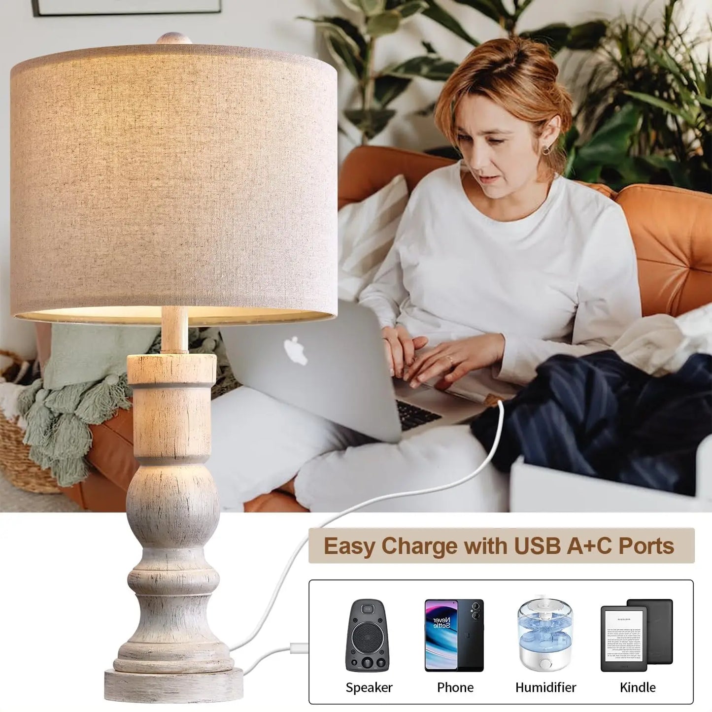 Table Top Lamp Set *2Pcs - Charging Station w USB Ports - Vintage Farmhouse