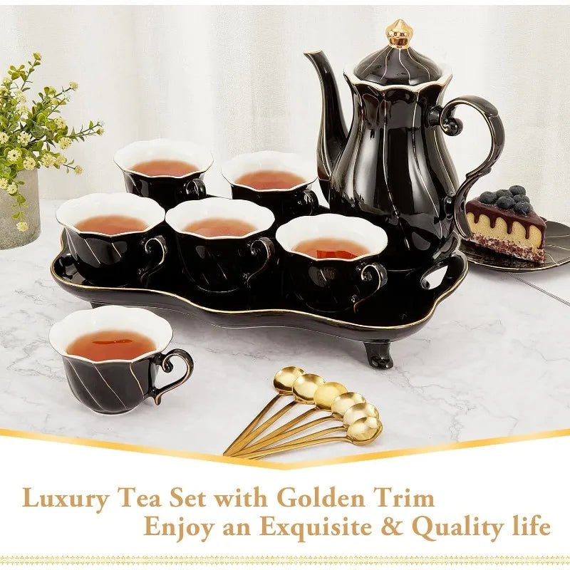 Coffee & Tea Carafe Set *14Pcs - Gold Trim Cups - Spoons Included