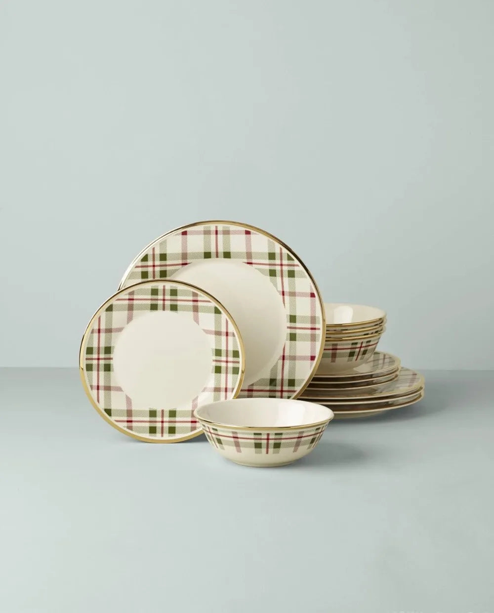 Lenox Holiday Plaid 12-Piece Dinnerware Set - 11.07 - Red & Green