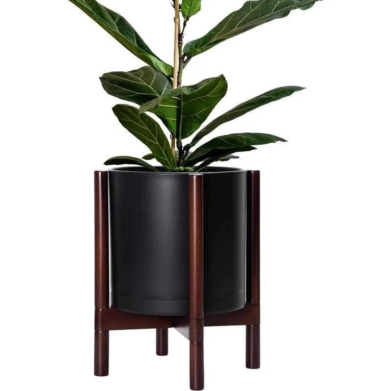 Planter with Wooden Stand - 12" Plastic Pot - Indoor - White & Black Matte Finish