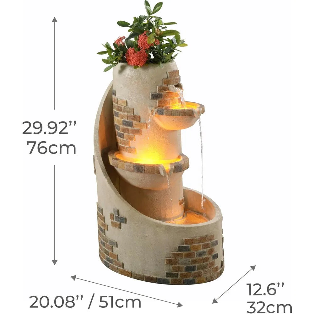 Outdoor Water Fountain with Planter & LED Lights