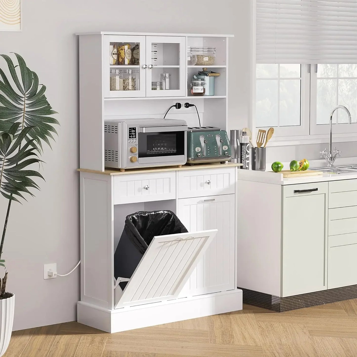 Kitchen Pantry Cabinet - Trash Bin Containers - Adjustable Shelves - Multi Use