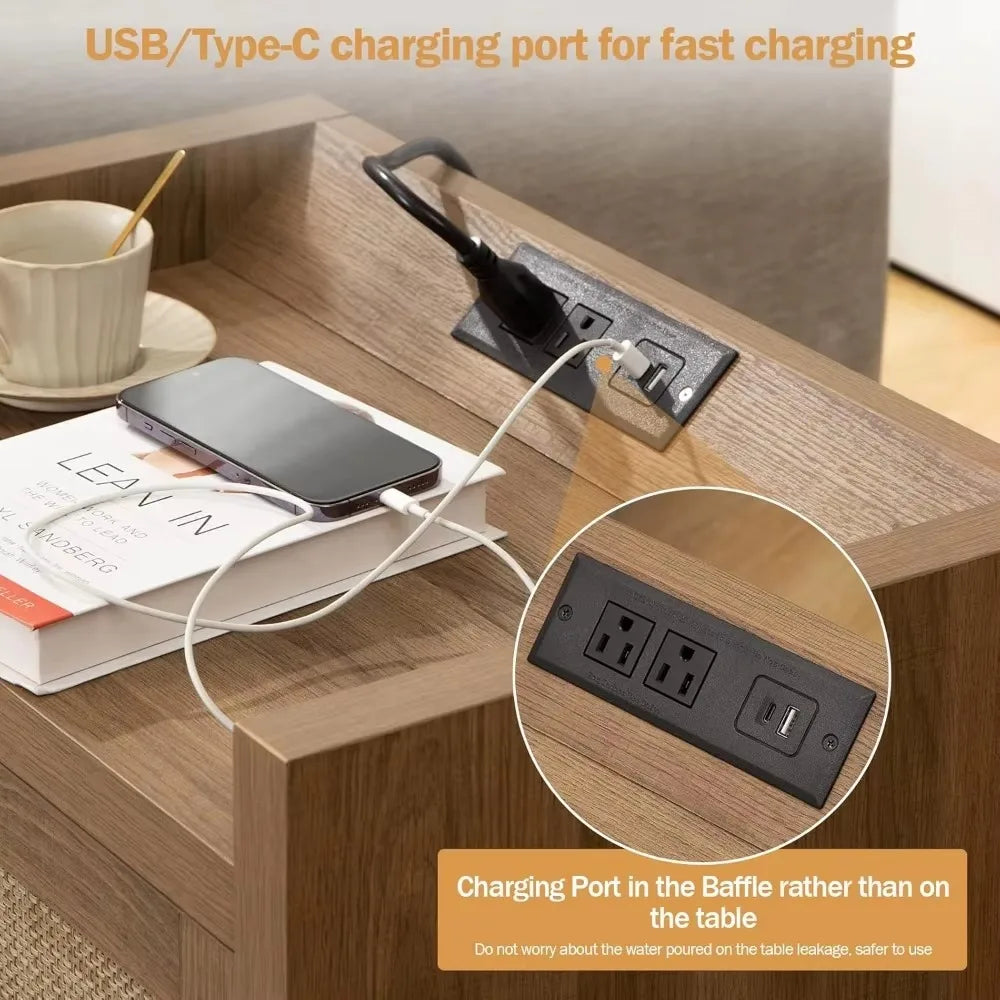 Nightstands - Imitation Rattan Drawers *2 - USB Ports Type AC Charging Station