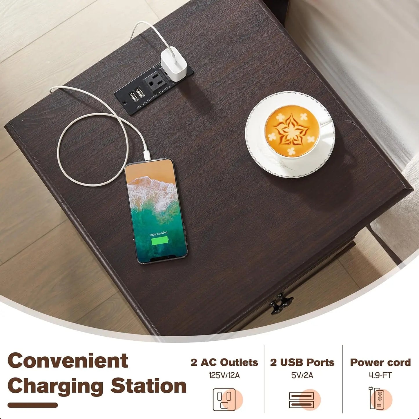 Nightstand - End Table - Bedside Table - USB Ports, Charging Station