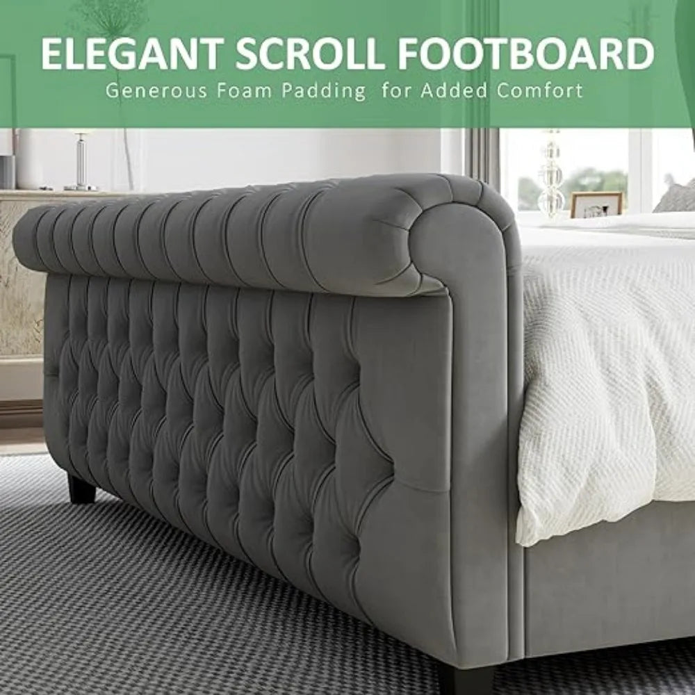 Platform Sleigh Bed Frame - Scroll Wingback Headboard - Velvet Upholstery