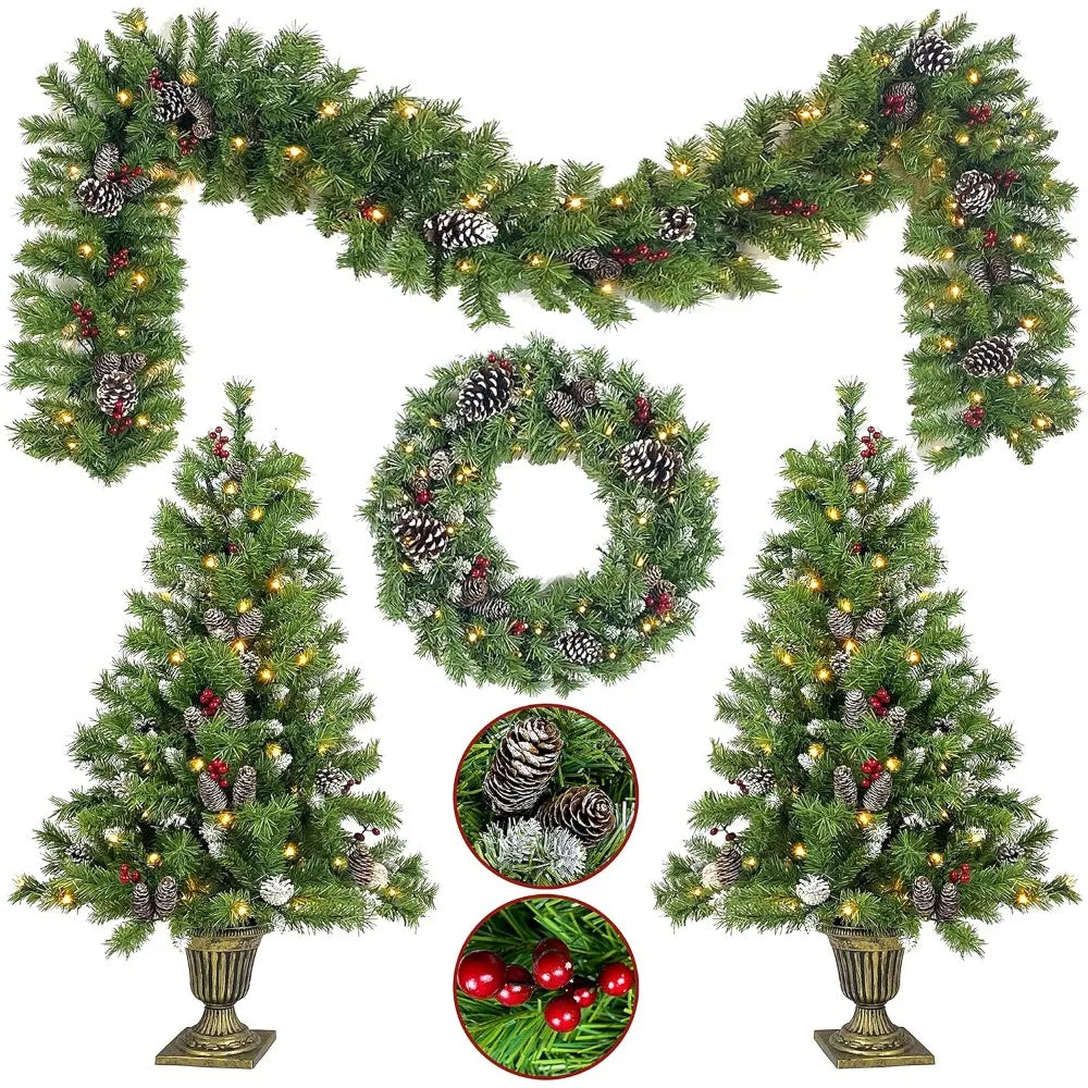 Christmas Decoration Set *4Pcs - Entrance Trees (2), Garland, Wreath - Pre-Lit