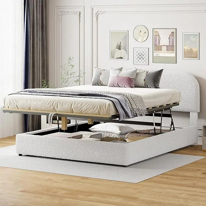 Platform Bed Frame - Queen Size - Teddy Fleece Upholstery