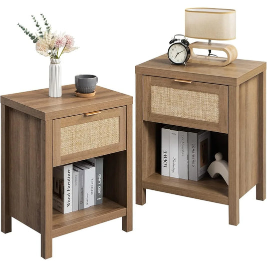 Nightstand Set *2Pcs - Boho Faux Rattan Drawers - Bedside, End Table