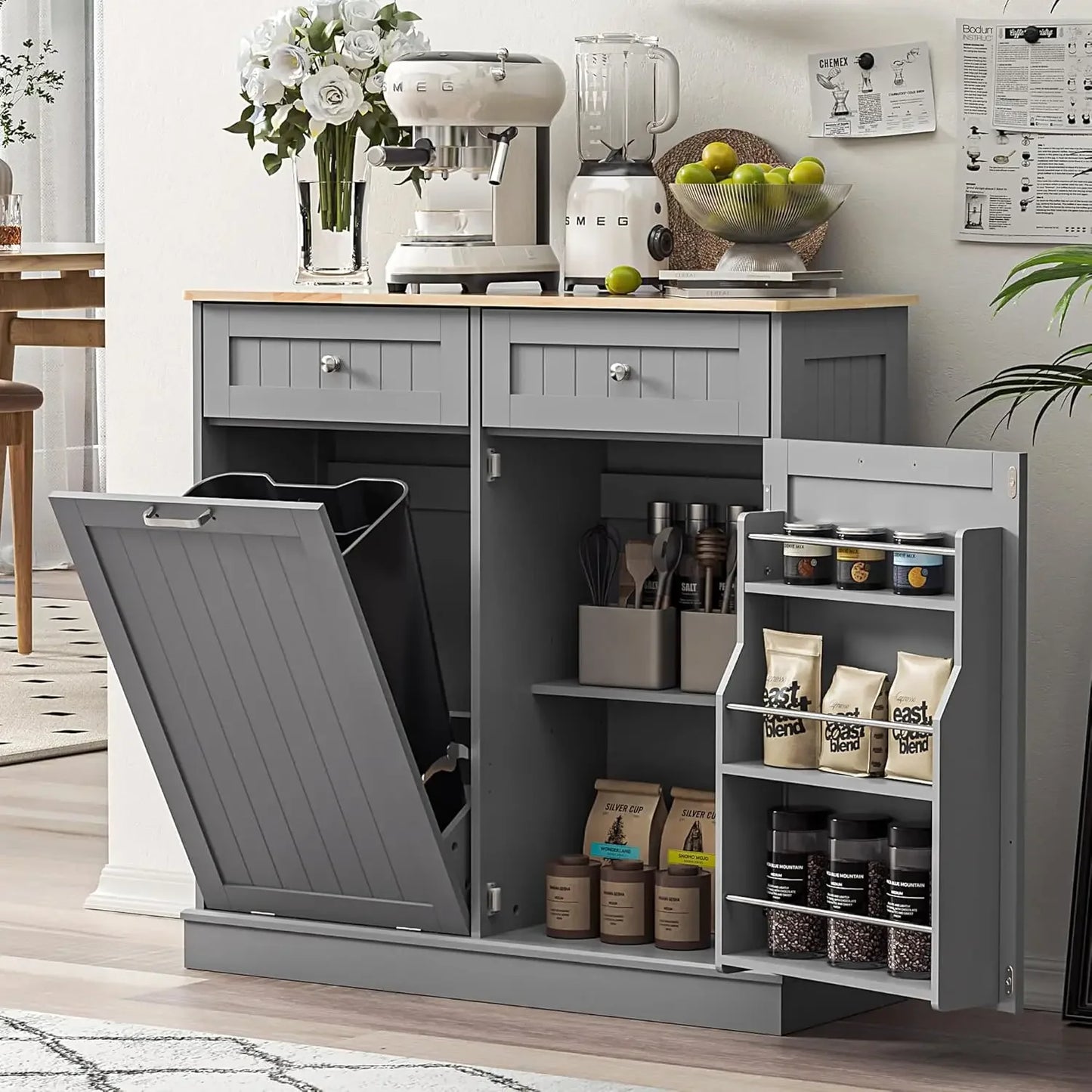 Kitchen Cabinet Pantry - Tilt Open Bin - Cabinet & Drawers - Freestanding