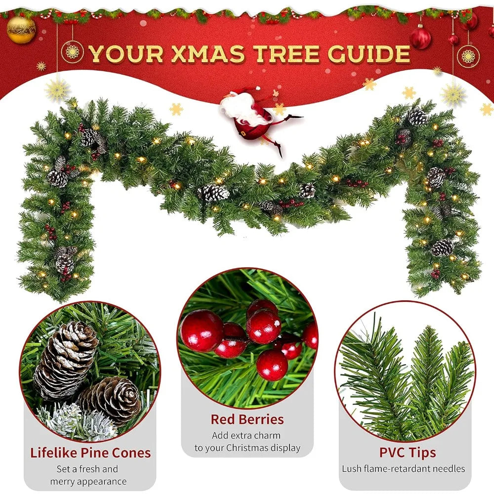 Christmas Decoration Set *4Pcs - Entrance Trees (2), Garland, Wreath - Pre-Lit