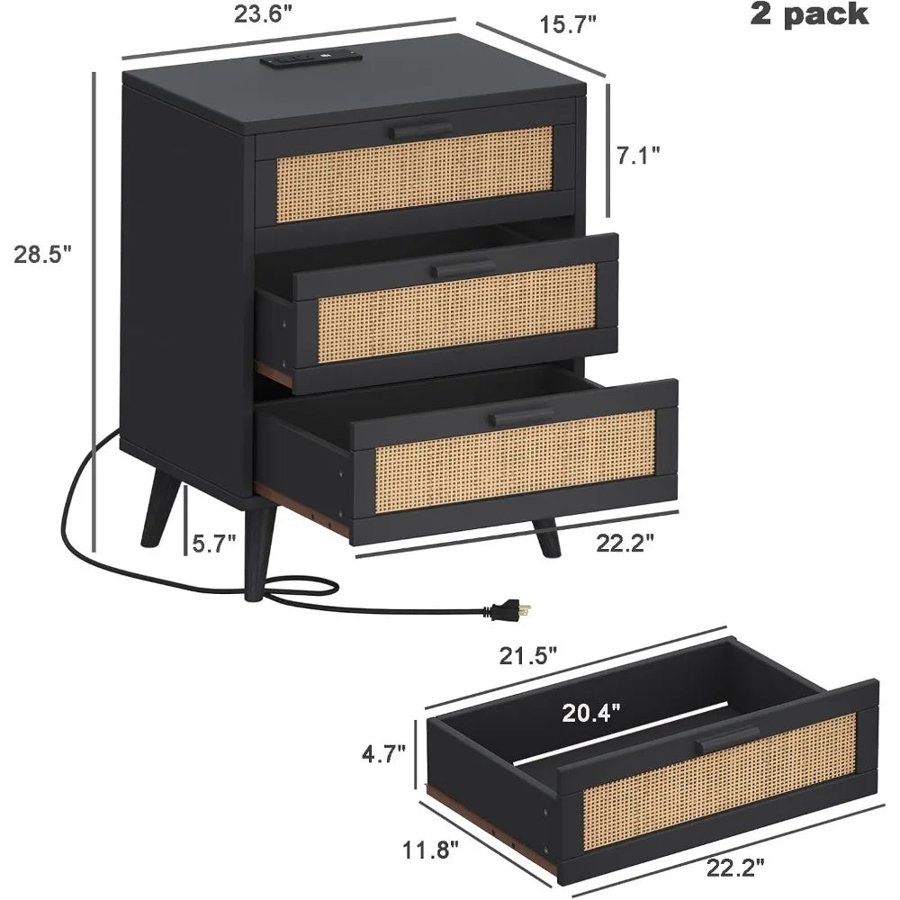 Nightstand Set - End Table Set - *2Pcs - Charging & USB Ports - Woven Rattan