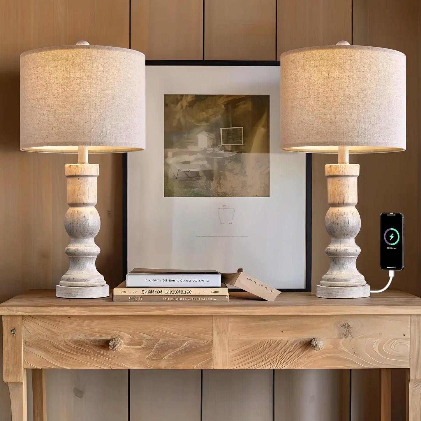 Table Top Lamp Set *2Pcs - Charging Station w USB Ports - Vintage Farmhouse