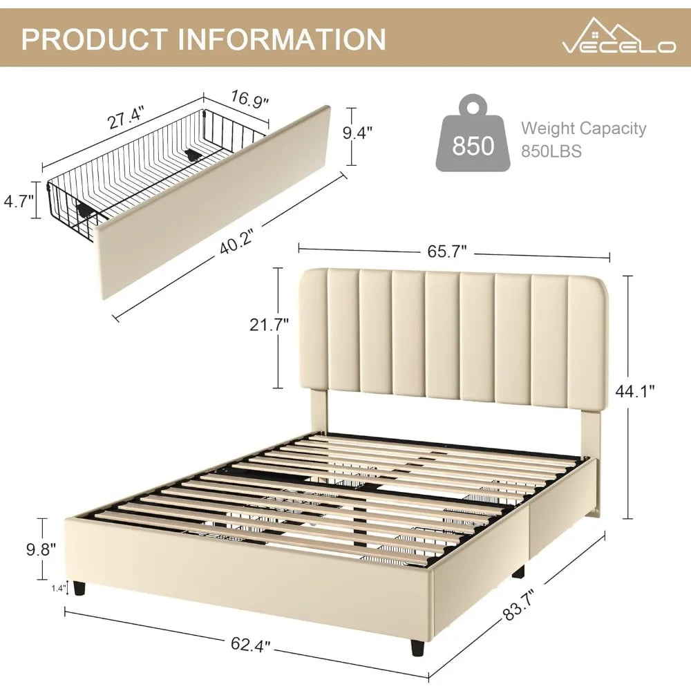 Platform Bed Frame w/Storage - Full/Queen - Velvet Upholstery - Assorted Colors