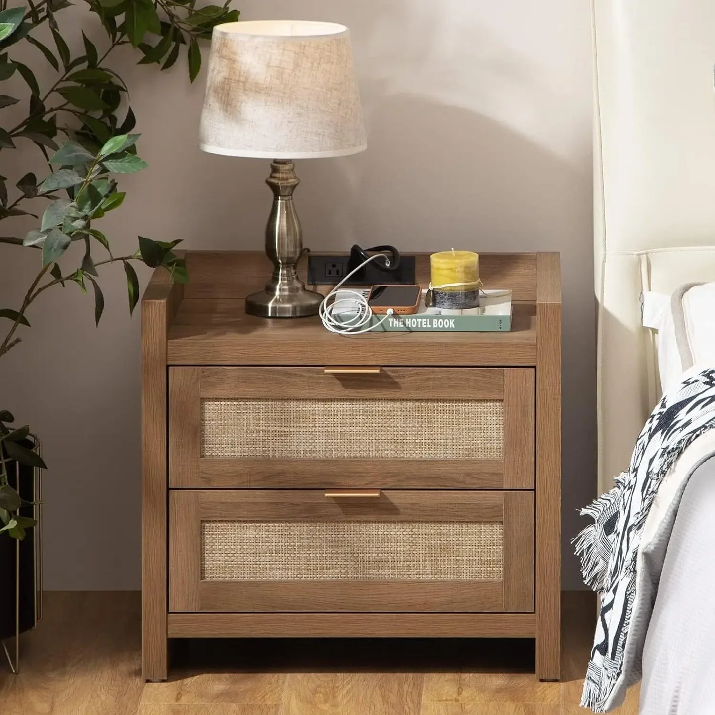 Nightstands - Imitation Rattan Drawers *2 - USB Ports Type AC Charging Station