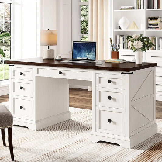 Executive Desk - Home Office Computer Desk - Farmhouse Style - Charging Station